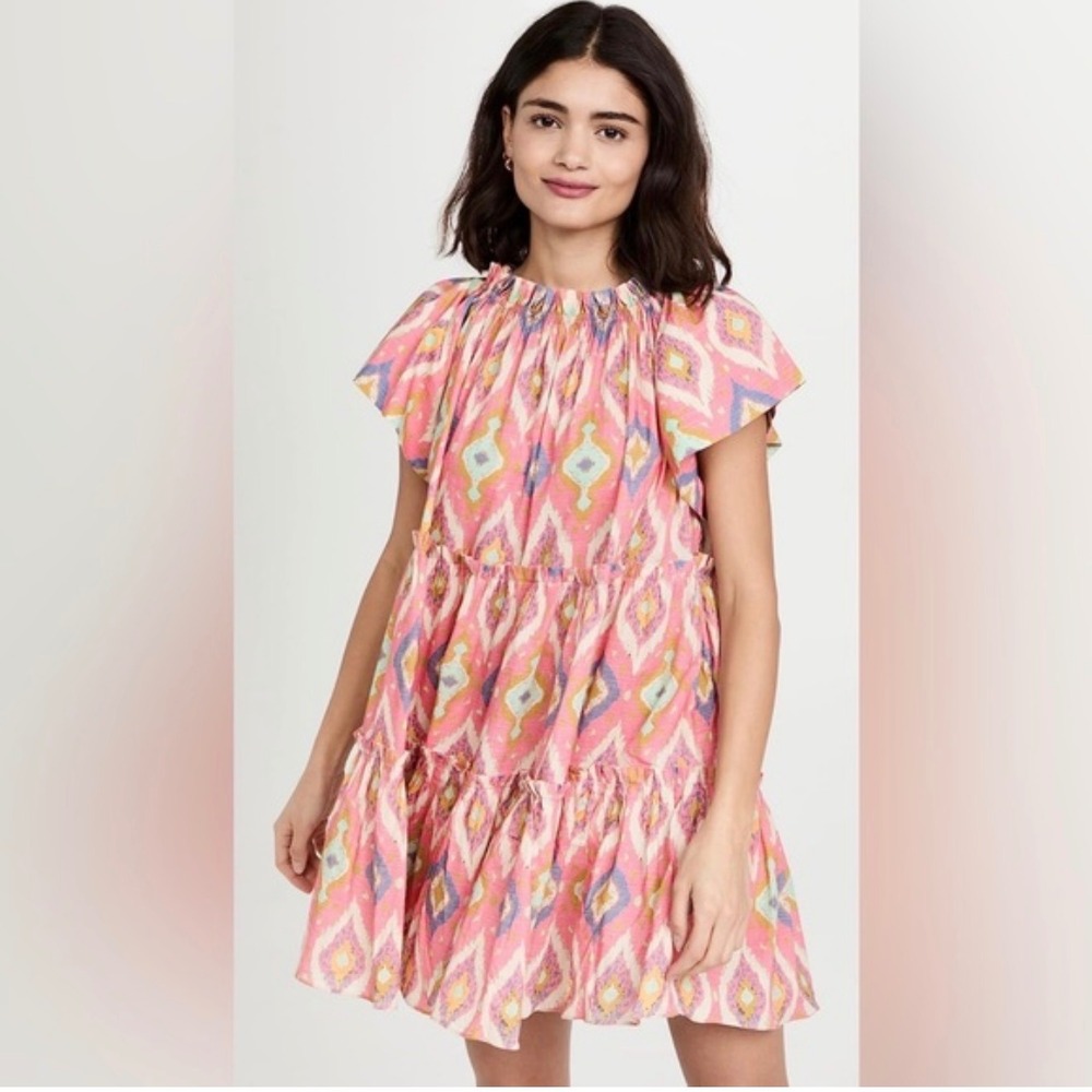 Charina Sarte Tiered Mini Dress Womens Medium Pink Ikat Cotton Excellent Flutter
